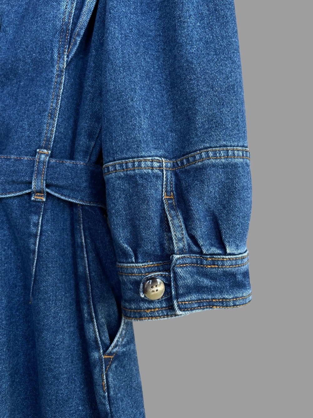 SEZANE Blue Denim Tie Waist Belted Puff Sleeve Button Back Haneia Mini Dress - Picture 8 of 15